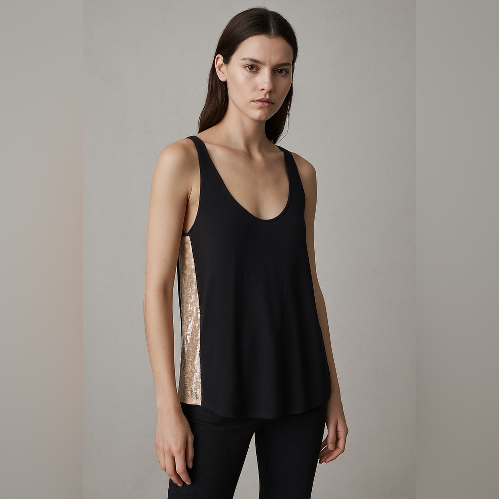 All Saints Madison Navy Sheer Tank Blouse Cream Sequins